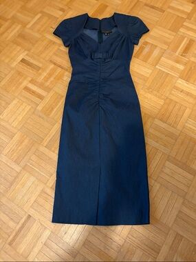 Stop Staring  Navy Ruched Sheath Dress with Bow Accent